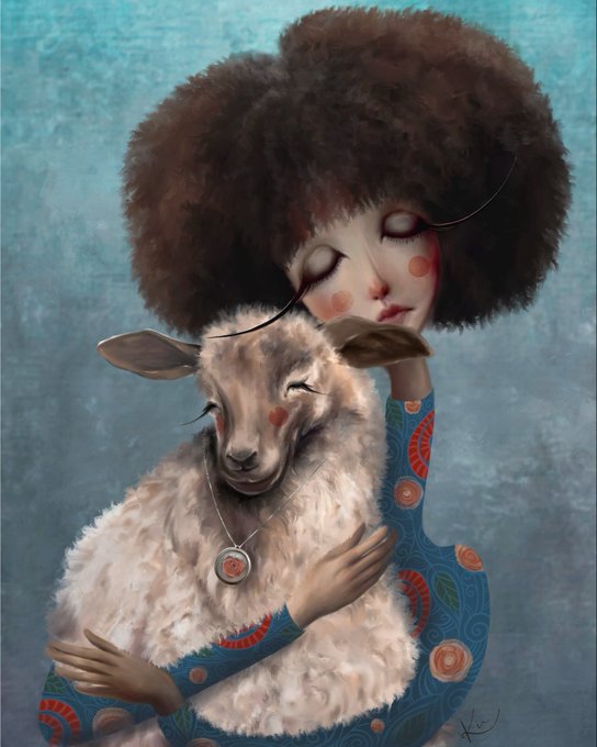 A whimsical digital illustration of a person with a large brown afro hugging a sleeping lamb, with both characters having closed eyes and rosy cheeks; the lamb wears a medallion on a chain.