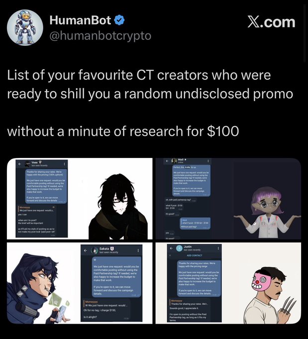 A tweet from HumanBot (@humanbotcrypto) criticizing favorite CT creators for promoting undisclosed partnerships for $100, with screenshots of conversations with Tess, Nagi, Satoshi, and Justin.