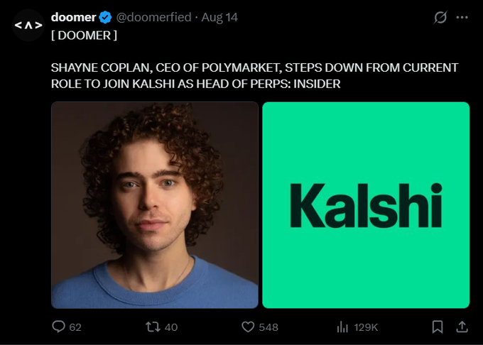 A screenshot of a tweet from user @doomerfied dated Aug 14 announcing: 'SHAYNE COPLAN, CEO OF POLYMARKET, STEPS DOWN FROM CURRENT ROLE TO JOIN KALSHI AS HEAD OF PERPS: INSIDER', featuring a photo of Coplan alongside the green Kalshi logo.