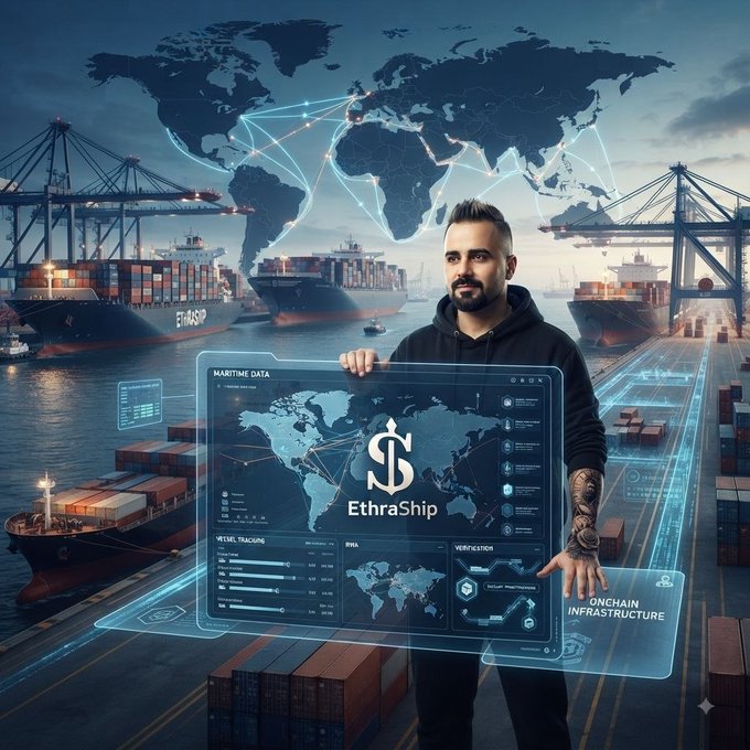 A man stands in a busy port holding a futuristic holographic interface displaying 'EthraShip' and maritime tracking data, with cargo ships and a glowing world map in the background.