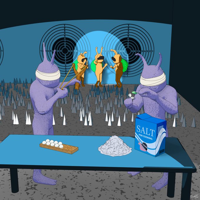 The illustration shows purple, blindfolded, earless humanoid figures standing at a table with a salt container labeled "SALT FOR COOKING," surrounded by sharp spikes and target rings, as other figures are impaled in the background. The artwork's cryptic, esoteric imagery fits well with the post announcing its display on a Times Square billboard during NFTNYC 2026.