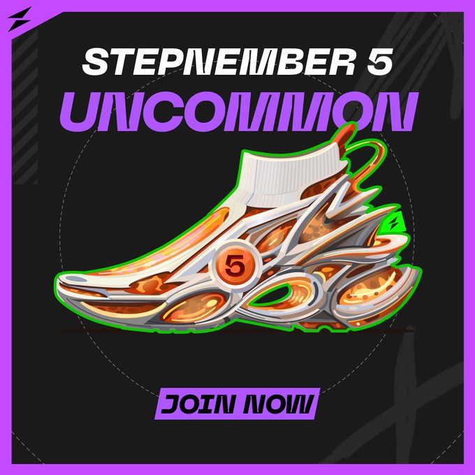 The image is a promotional graphic for the "#STEPNEMBER 5" Uncommon Sneaker, featuring a futuristic silver and white athletic shoe with glowing orange accents and a "5" emblem on the side, set against a black background with a purple border. The text "JOIN NOW" appears at the bottom, complementing the post's celebration of STEPN GO's 5-year anniversary and highlighting the embedded "5" detail mentioned in the caption.