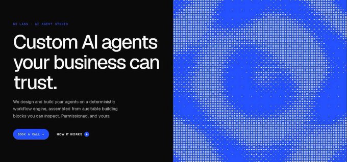 A website landing page with a black background and blue dotted graphic reading 'NS LABS - AI AGENT STUDIO' and 'Custom AI agents your business can trust,' with body text explaining their deterministic workflow engine and buttons to 'BOOK A CALL' or 'HOW IT WORKS'.