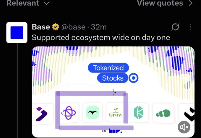 A screenshot of a tweet from Base (@base) posted 32m ago reading 'Supported ecosystem wide on day one' with an attached image showing tokenized stocks and various app logos.
