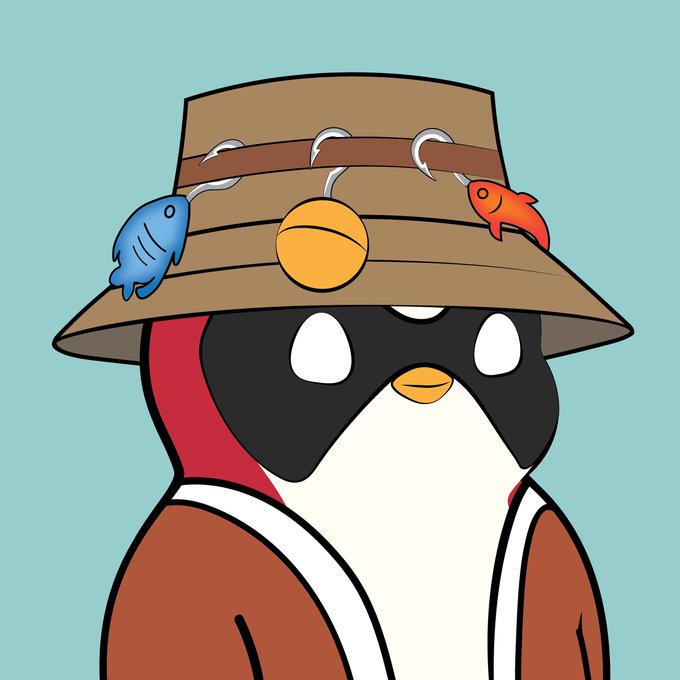 A cartoon illustration of a penguin wearing a brown fishing hat with a blue fish on one side and a red fish on the other, set against a teal background.