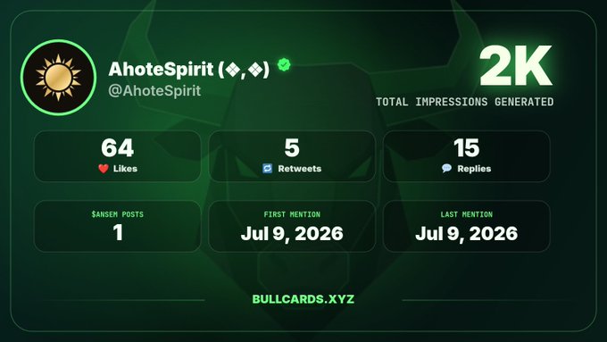 A Bullcards.xyz stats card for AhoteSpirit (@AhoteSpirit) showing 2K total impressions, 64 likes, 5 retweets, 15 replies, 1 Sansem post, with first and last mentions on Jul 9, 2026.