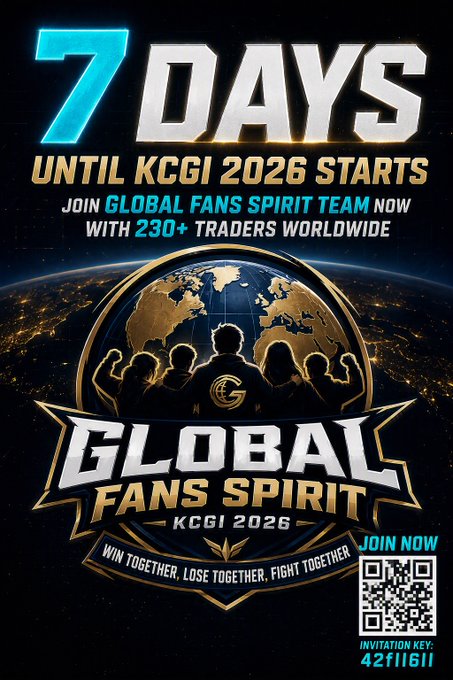 A promotional poster announces '7 DAYS UNTIL KCGI 2026 STARTS,' inviting users to join the 'Global Fans Spirit Team' with 230+ traders worldwide, featuring a gold and black theme with an invitation code '42f1G1I' and QR code.