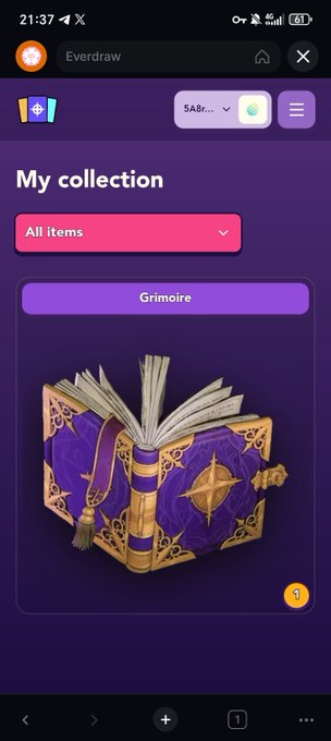 A mobile app screen showing a 'My collection' page with an 'All items' filter and a featured 'Grimoire' item depicted as an ornate purple and gold open book.