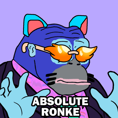 A cartoon illustration of a blue ape-like character wearing sunglasses and a pink scarf with the text 'ABSOLUTE RONKE' displayed at the bottom.