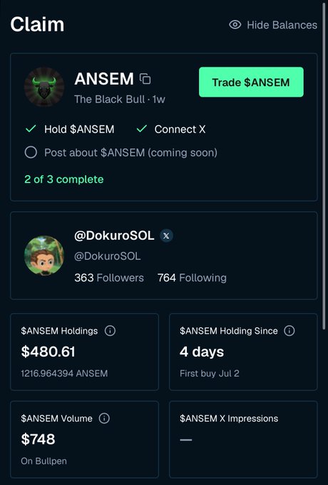 A 'Claim' dashboard showing an ANSEM token profile (@DokuroSOL) with 2 of 3 tasks complete, displaying holdings of $480.61 (1216 ANSEM) and $748 volume.
