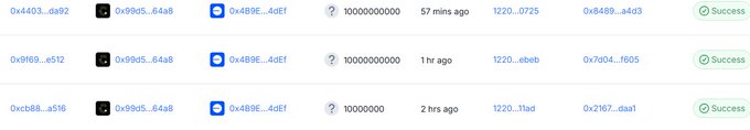 A transaction history list showing three successful blockchain transactions with addresses, values like '100000000000', and timestamps.