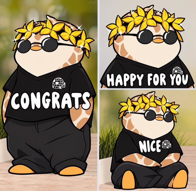 Three illustrations show a cute, stylized giraffe character wearing sunglasses, a yellow leaf crown, and a black t-shirt displaying the words "CONGRATS", "HAPPY FOR YOU", and "NICE".
