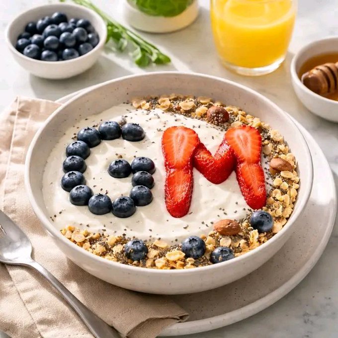 A creamy yogurt bowl topped with granola, blueberries, and strawberries artfully arranged into the letters "OH" sits beside a glass of orange juice, a small bowl of fresh blueberries, and a honey dish on a light linen cloth.

The image cleverly mirrors the post's bullish Bitcoin sentiment, using the "OH" initials on the breakfast bowl as a playful nod to an anticipated "Ohhh!" reaction when BTC hits the symbolic $100k milestone.