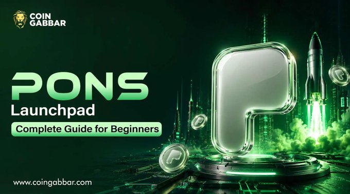 Promotional banner for the PONS Launchpad featuring a glowing green 'P' logo on a launchpad with rockets, branded by Coin Gabbar with text 'Complete Guide for Beginners' and the website www.coingabbar.com.