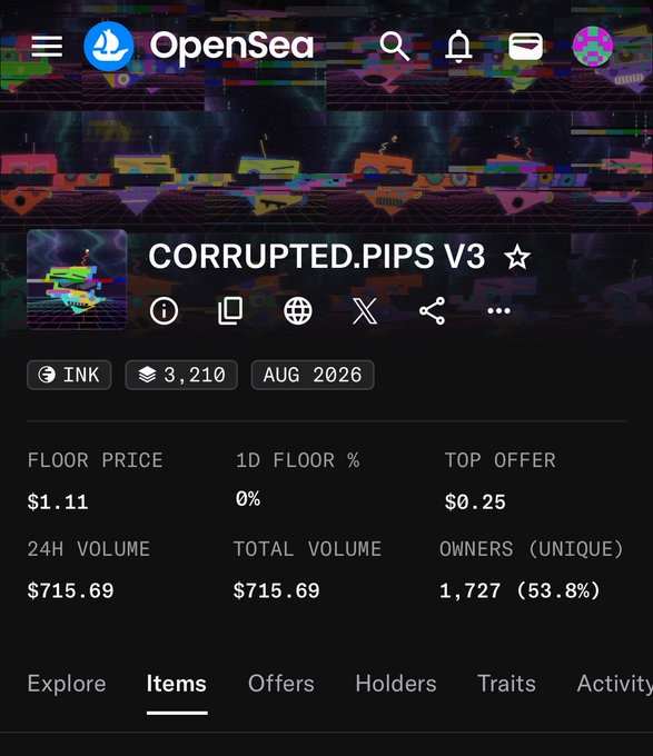 An OpenSea mobile page for the 'CORRUPTED.PIPS V3' NFT collection on INK, showing 3,210 items, a floor price of $1.11, 24H volume of $715.69, and 1,727 unique owners.
