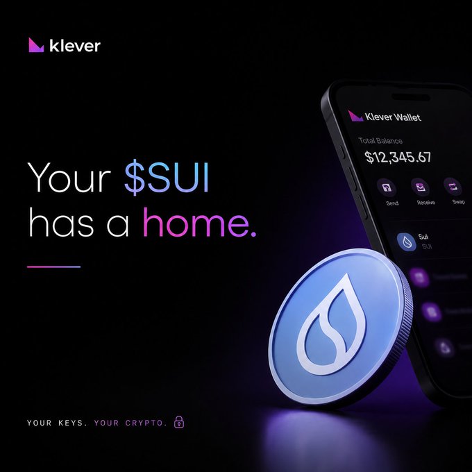 Promotional image for 'klever' wallet displaying 'Your $SUI has a home' alongside a phone showing a balance of '$12,345.67' and a blue Sui coin.
