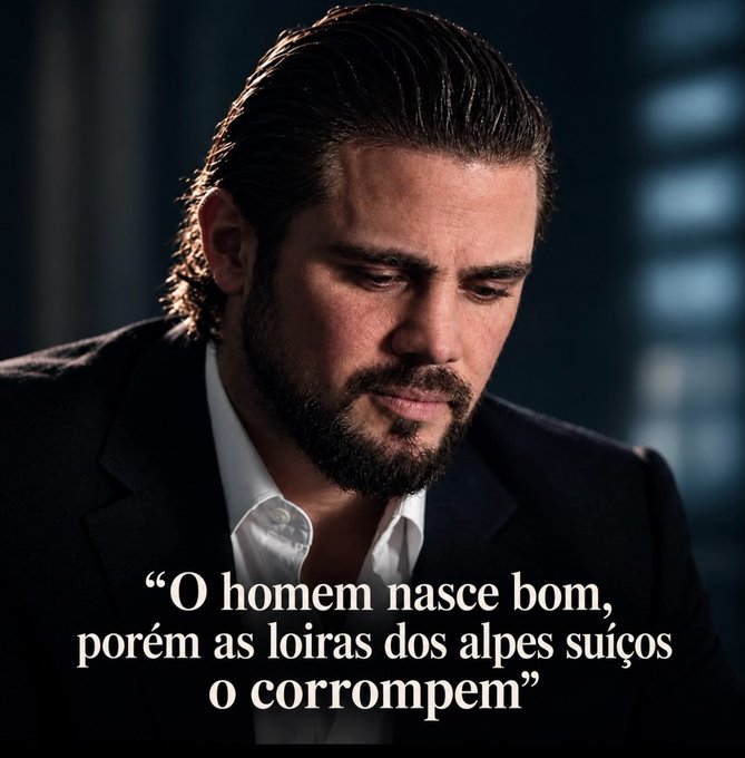 Portrait of a bearded man in a suit looking downward, with overlaid text in Portuguese reading 'O homem nasce bom, porém as loiras dos alpes suíços o corrompem' (Man is born good, but the blondes of the Swiss Alps corrupt him).