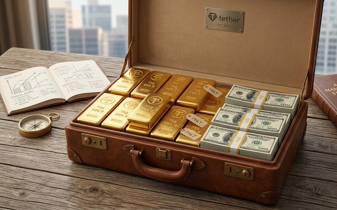 An open brown leather suitcase on a wooden desk containing gold bars labeled '1kg FINE GOLD' and stacks of US dollar bills, with a Tether branded plaque and an open notebook beside it.