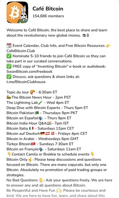 Telegram group description for 'Café Bitcoin' with 154,686 members, featuring an event calendar, Bitcoin resources, and multilingual community hours.
