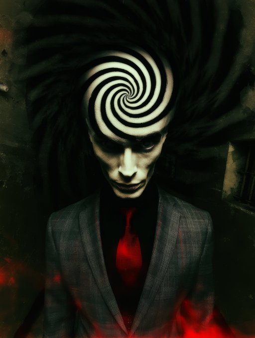 A dark, stylized illustration of a menacing figure in a suit and red tie with a black-and-white spiral pattern covering the upper half of his face, surrounded by red glowing elements.