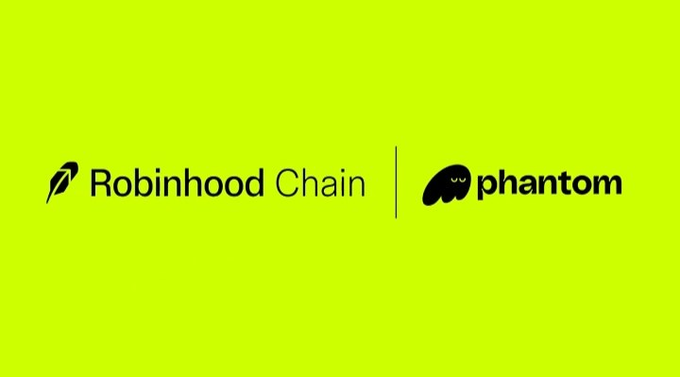 The image features the Robinhood Chain and Phantom logos side by side on a bright green background, separated by a vertical line. This visually reinforces the announcement that Robinhood Chain is now integrated and live within the Phantom ecosystem.