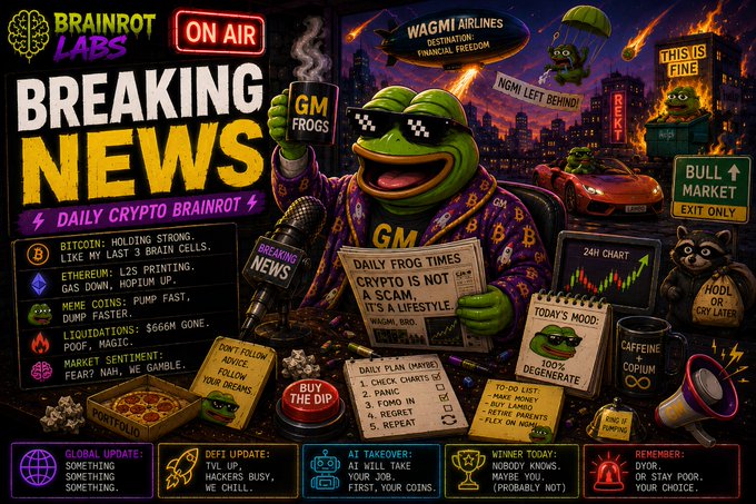 A vibrant 'Breaking News' style graphic from Brainrot Labs featuring cartoon frog characters in a chaotic crypto-themed scene with charts, memes, and satirical financial jargon like 'WAGMI Airlines' and 'HODL or CRY LATER.'