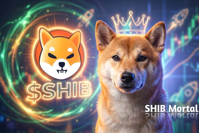A Shiba Inu dog wearing a golden crown appears next to a glowing orange Shiba Inu logo with "$SHIB" text, set against a green cosmic vortex and upward trending rocket charts. The image reinforces the post's hype around $SHIB as the "ecosystem king" memecoin, visually framing it as the crowned leader poised for a price surge toward $0.0001.