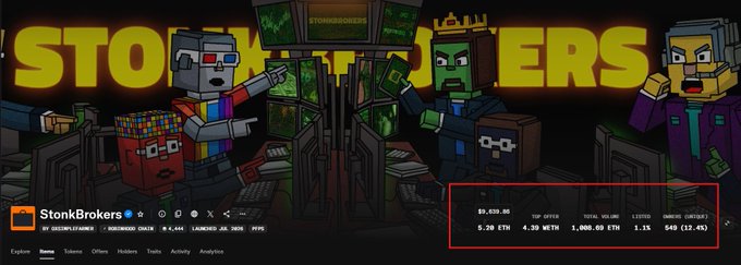 A YouTube banner for the crypto channel 'StonkBrokers' featuring pixel-art characters in a stock-trading setting, with visible metrics showing $9,838.00 portfolio, 5.20 ETH, 4.20 METH, and 540 listed items.