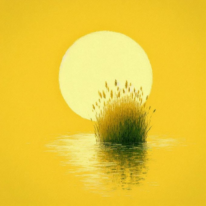A clump of grass grows from water against a large pale sun, all bathed in golden yellow hues with the scene reflected below—evoking the serene, sun-drenched "Reflective Isle" NFT being offered for sale in the post.