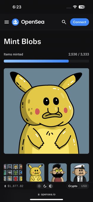 A mobile screenshot of the OpenSea NFT marketplace showing a 'Mint Blobs' collection featuring a Pikachu-like yellow character, with 2,536 of 3,333 items minted and a floor price of $1,877.82.