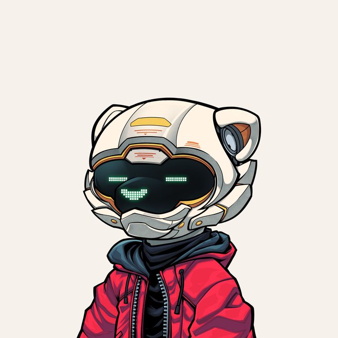 A cartoon-style character wearing a white futuristic helmet with a smiling LED visor and a red jacket. The cheerful, supportive vibe of the illustration pairs with the post's message about community support and collecting, symbolizing unity and positivity in the crypto/NFT space.
