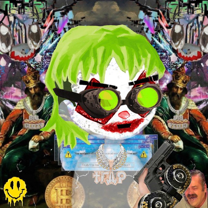 Surreal crypto-themed collage with a green-haired clown face, a gun, Bitcoin coins, kings on thrones, and a 'TRUMP' diamond pendant.