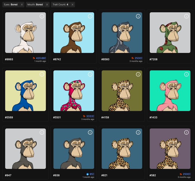 The image displays a grid of 12 Bored Ape Yacht Club (BAYC) NFTs featuring the "Bored" eyes, "Bored" mouth, and 4 traits, with token IDs ranging from #938 to #9993, illustrating the rarity of this specific trait combination.