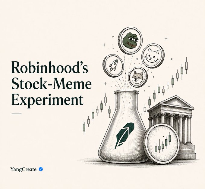 An illustration titled "Robinhood's Stock-Meme Experiment" by YangCreate shows a flask with meme icons (Pepe, rocket, cats) emerging from it, alongside stock charts and a bank building.