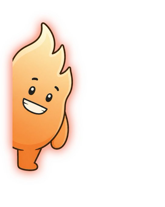 A cartoon character resembling a flame or fire spirit with a smiling face, small legs, and a reddish-orange glow around it.
