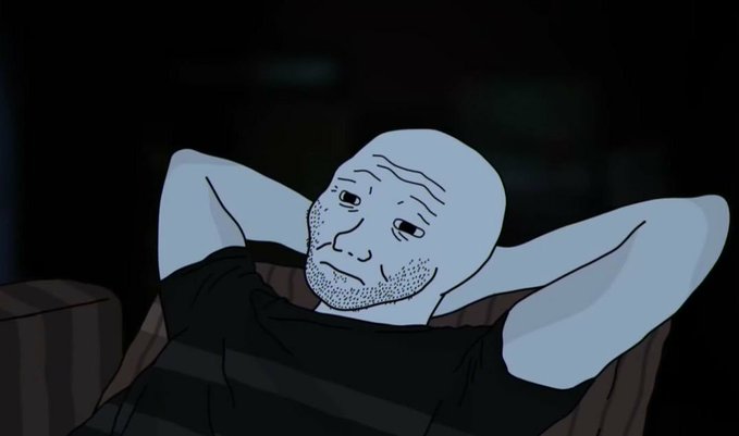 A black-and-white cartoon meme of a bald, bearded man (the 'Doomer' character) lying in bed with his hands behind his head, appearing to be awake at night.