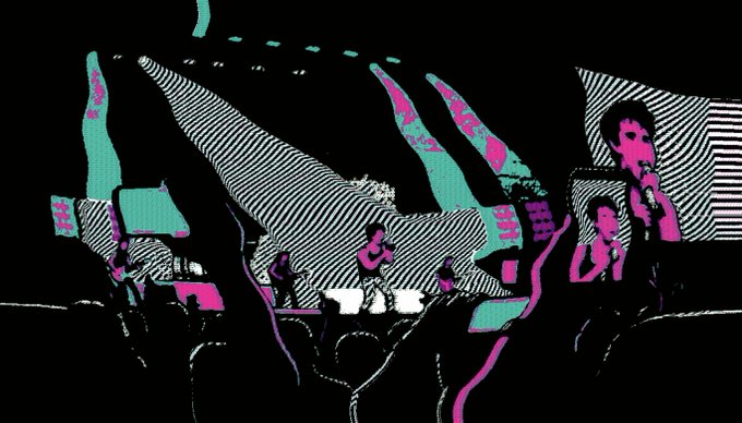 A glitch-art style illustration with neon pink, teal, and black colors depicting abstract figures, possibly performers on stage with striped visual distortion effects.