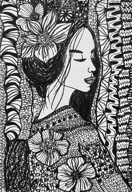 A detailed black and white pen-and-ink illustration of a woman with closed eyes, surrounded by intricate floral and patterned designs.