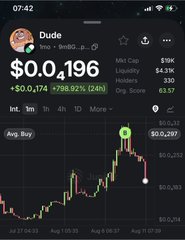 A mobile cryptocurrency screen displays a token called 'Dude' priced at '$0.04196' with a green gain of '+798.92% (24h)'.