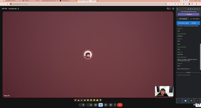 A Google Meet interface shows a meeting titled "HLC | PM | quiz week may" with a small video feed in the corner.