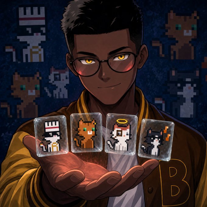 An anime character with glasses holds four pixel-art style NFT cards in his hand, featuring various small creature designs, with more similar pixel characters floating in the background.