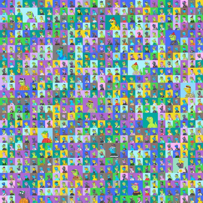 A vibrant grid of colorful pixel art NFTs featuring various cartoon characters, including dinosaurs, monsters, and stylized creatures on multicolored backgrounds. The image relates to the post by showcasing a portion of a Creepz NFT collection, with one of the 700 pieces mentioned in the caption likely represented in the mosaic.