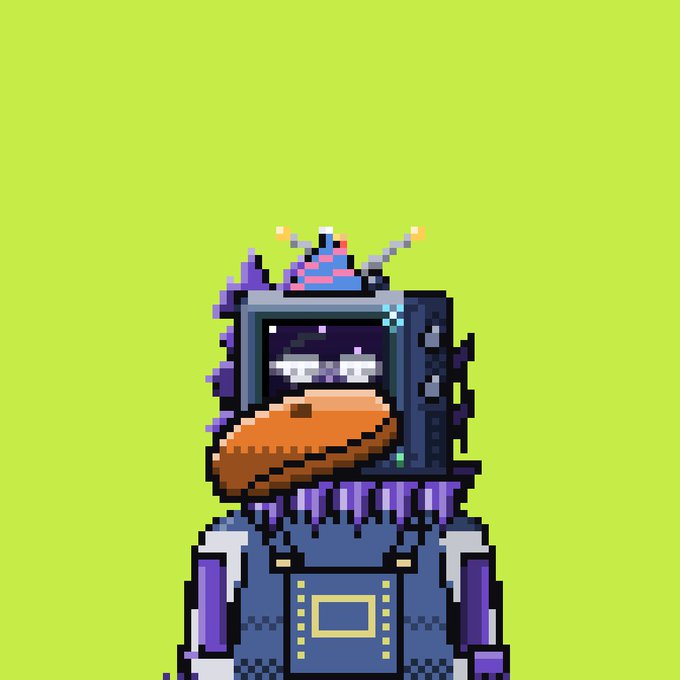 A pixel art character with a TV-like head, antennae, purple mohawk, and a large orange snout stands against a bright lime green background. The quirky, tech-themed mascot likely represents the project running the giveaway, where users are instructed to comment with their EVM wallet for a chance at a free mint.
