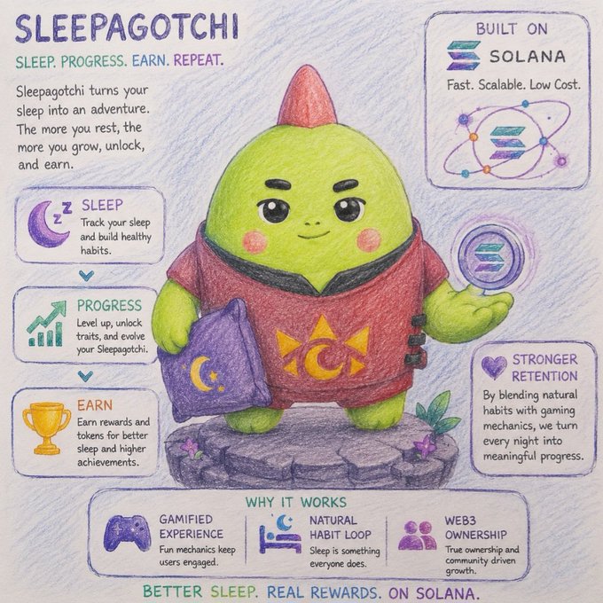 The image features a cartoon character dressed as a green alien, holding a pillow and standing on a rock with a purple cape. The character appears to be promoting Sleepagotchi, an app that helps users track their sleep patterns using a unique gaming system. The poster includes text about the app's benefits for sleep improvement and how it can help users retain information better by combining sleep tracking with a gamified approach.

The image also contains text about the Solana blockchain, which is a popular cryptocurrency platform. This connection suggests that Sleepagotchi might be related to or supported by Solana in some way.
