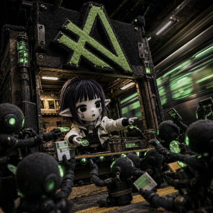 A dark, atmospheric figurine diorama featuring a small elf-like character at a ticket booth marked with a green 'X' logo, surrounded by shadowy figures holding glowing green tickets.
