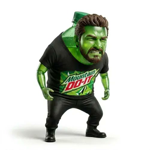 The image depicts the "BRAINROT #9973" NFT, featuring a muscular green bottle with a human head wearing a black Mountain Dew t-shirt. The character is hunched over with an intense, grimacing expression, which gives the meme a chaotic, hyped energy fitting the "brainrot" branding.
