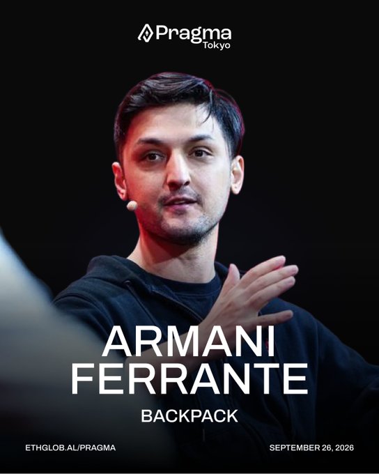 A promotional image for a 'Pragma Tokyo' event featuring speaker 'ARMANI FERRANTE' from BACKPACK, scheduled for September 26, 2026.