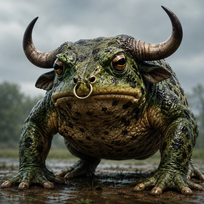 A grotesque, horned toad-like creature with a piercing gaze and metallic nose ring sits low in a muddy swamp, symbolizing the rugged, no-nonsense moonshot hype behind the pump address "71yQJqF7wuRS2qr9HK1kJyYnhbNS32RFcsQkDWNQpump" charging toward the moon.
