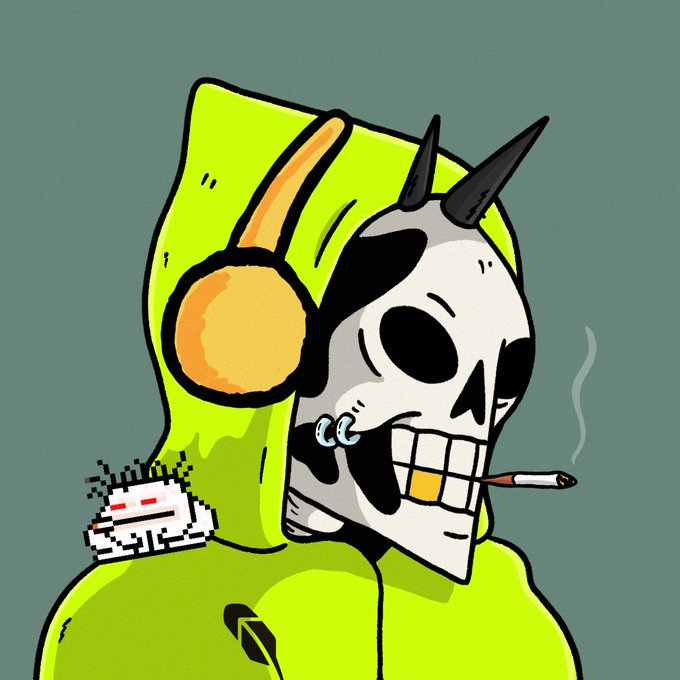 An illustration of a character wearing a green hoodie and a black and white skull mask, smoking a cigarette with a small pixelated cat-like creature on its shoulder.