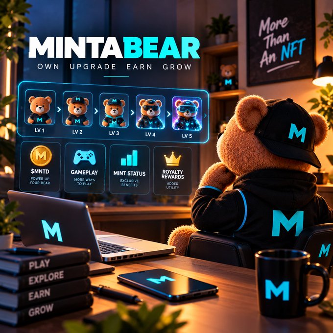 A promotional graphic for 'MINTA BEAR' NFT featuring a teddy bear wearing a cap and hoodie at a desk, with a level progression chart (LV1-LV5) and labels including 'GAMEPLAY' and 'ROYALTY REWARDS'.